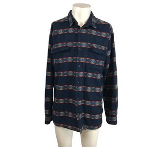 Roark Mens Classic Fit Navy Blue Southwestern Geometric Flannel Shirt Large
